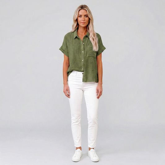 Women's Linen Shirt Short Sleeve Summer Blouse with Buttons 0