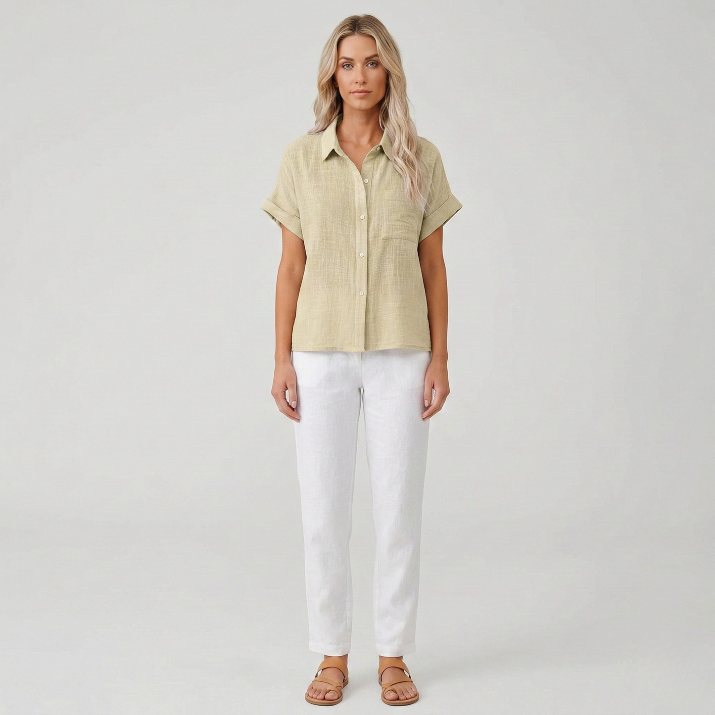 Women's Linen Shirt Short Sleeve Summer Blouse with Buttons 3