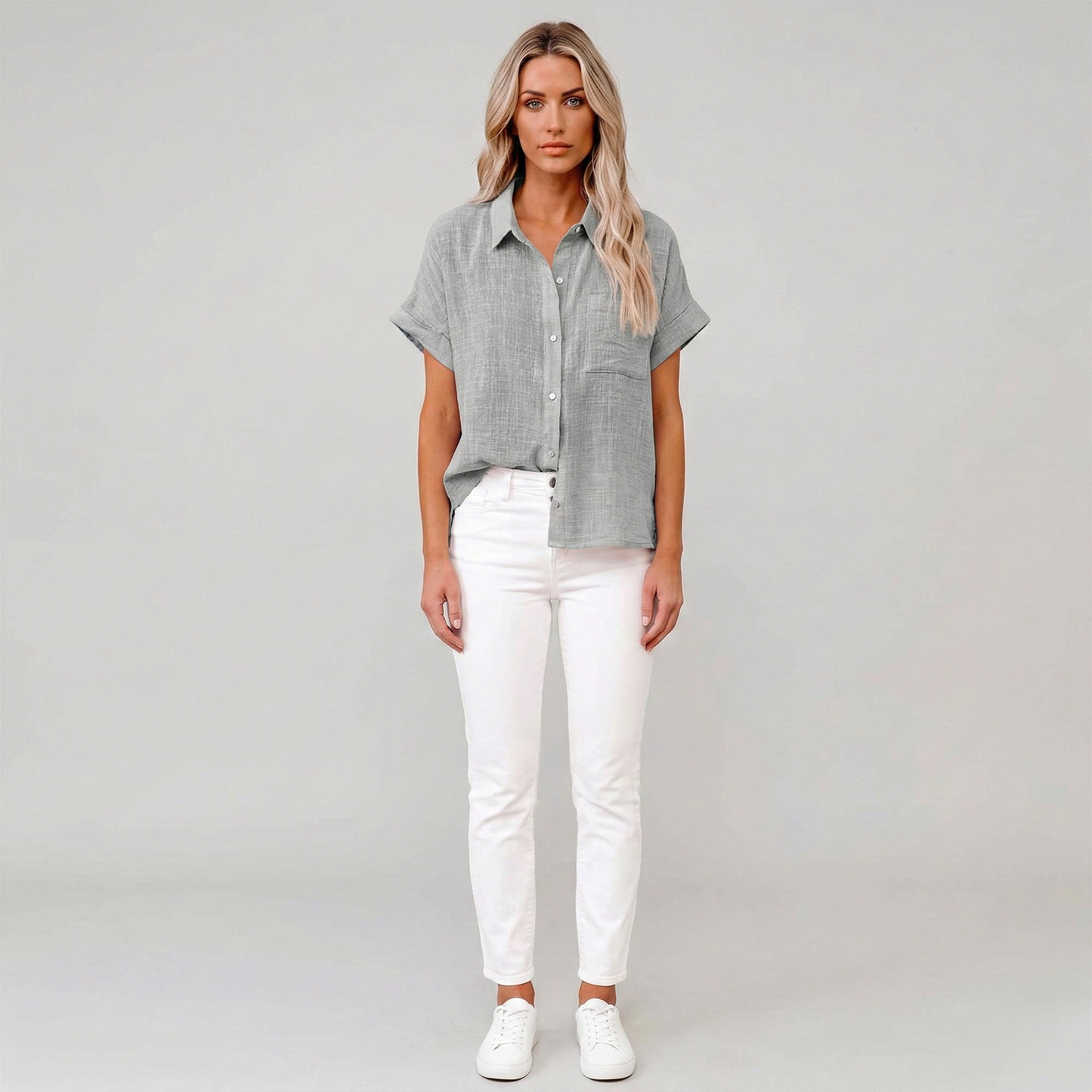 Women's Linen Shirt Short Sleeve Summer Blouse with Buttons 4