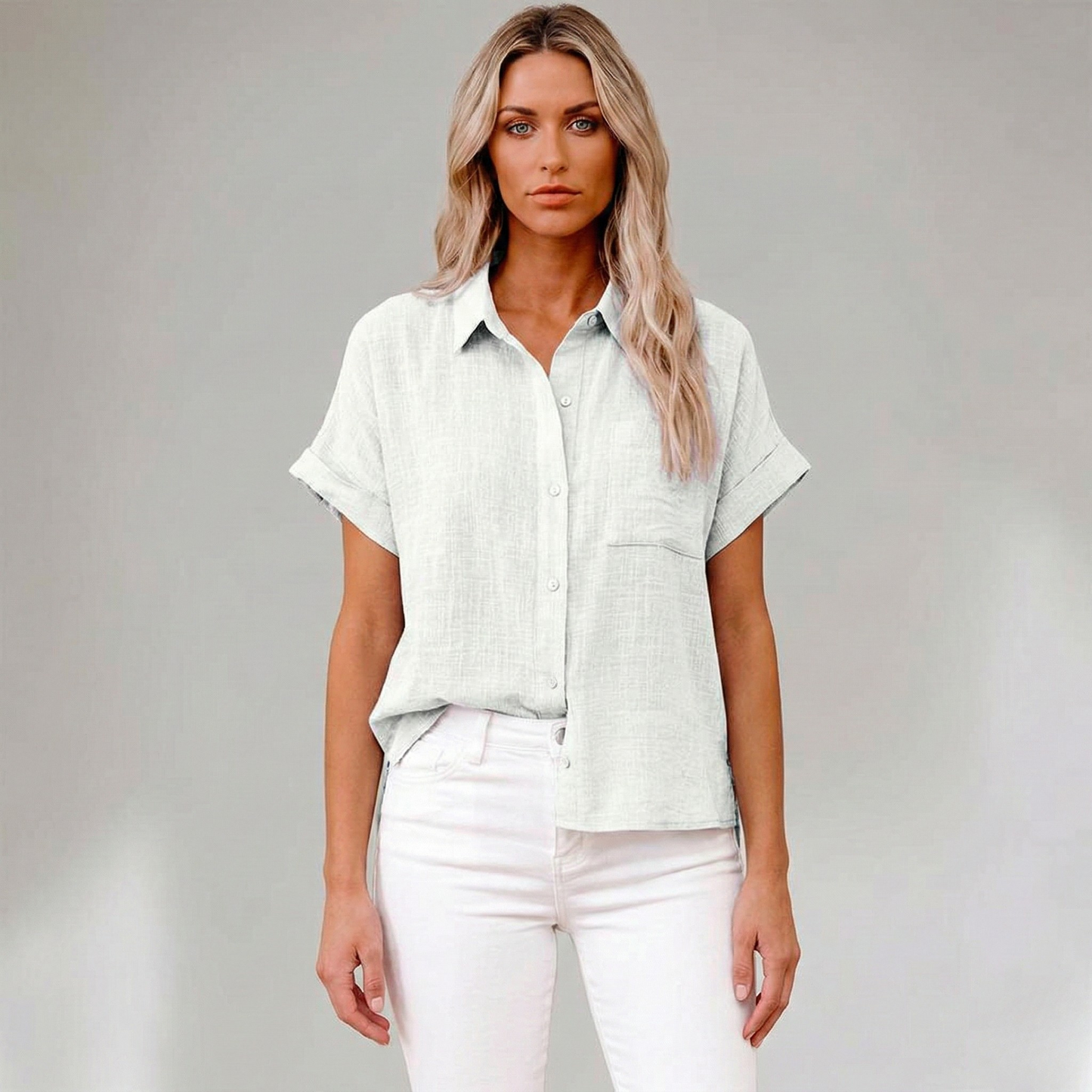 Women's Linen Shirt Short Sleeve Summer Blouse with Buttons 5