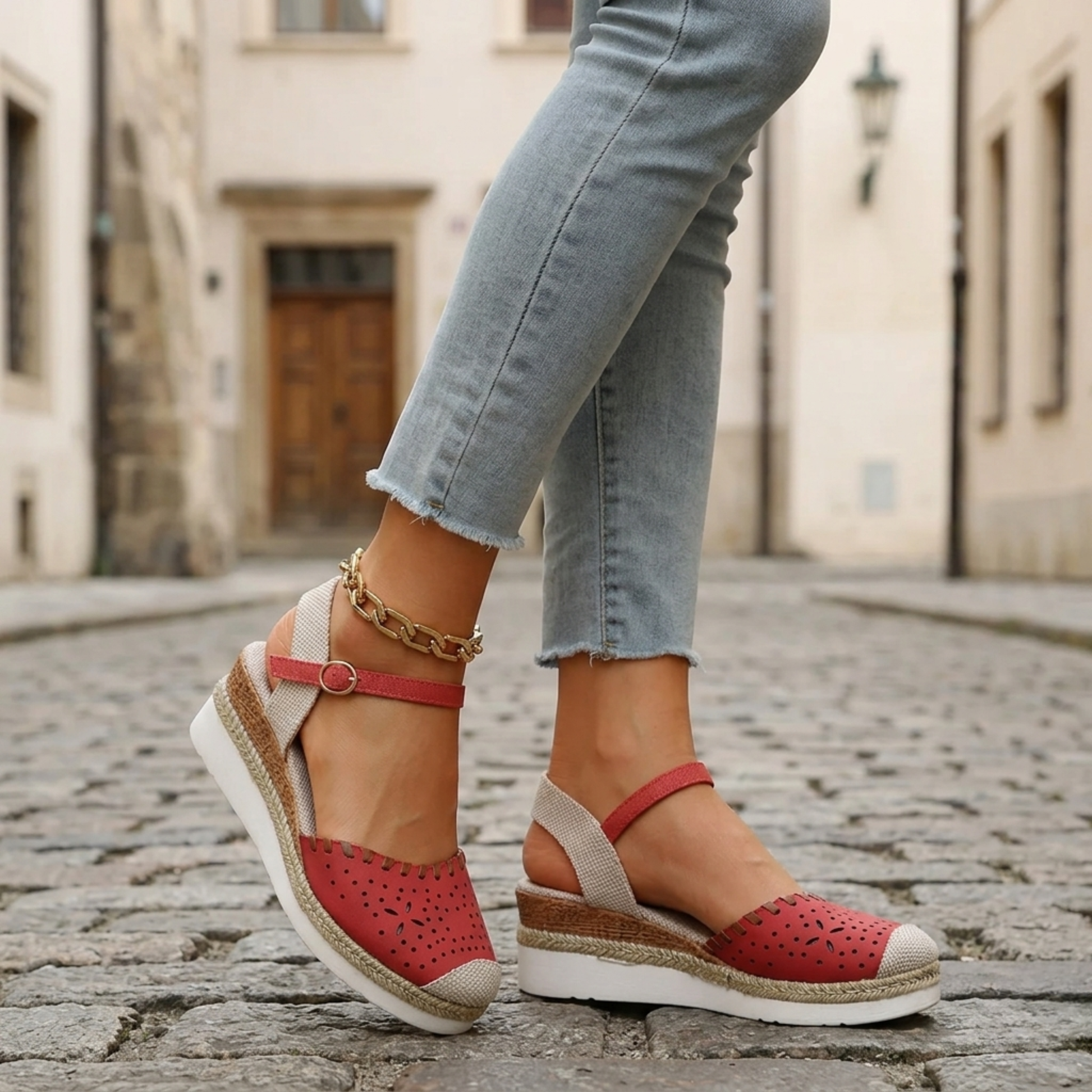 Women's Perforated Synthetic Espadrille Wedge Sandals | Chic Adjustable Ankle Strap Shoes 0