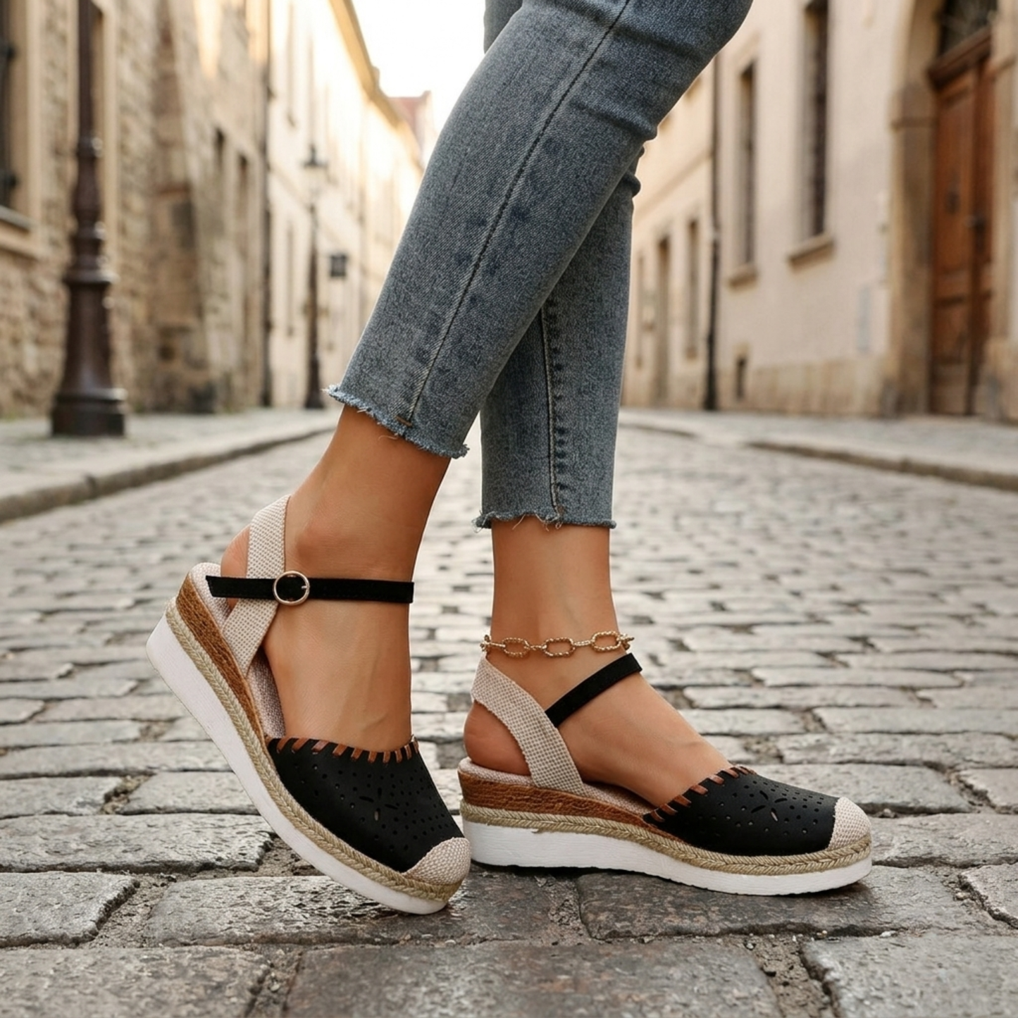 Women's Perforated Synthetic Espadrille Wedge Sandals | Chic Adjustable Ankle Strap Shoes 1