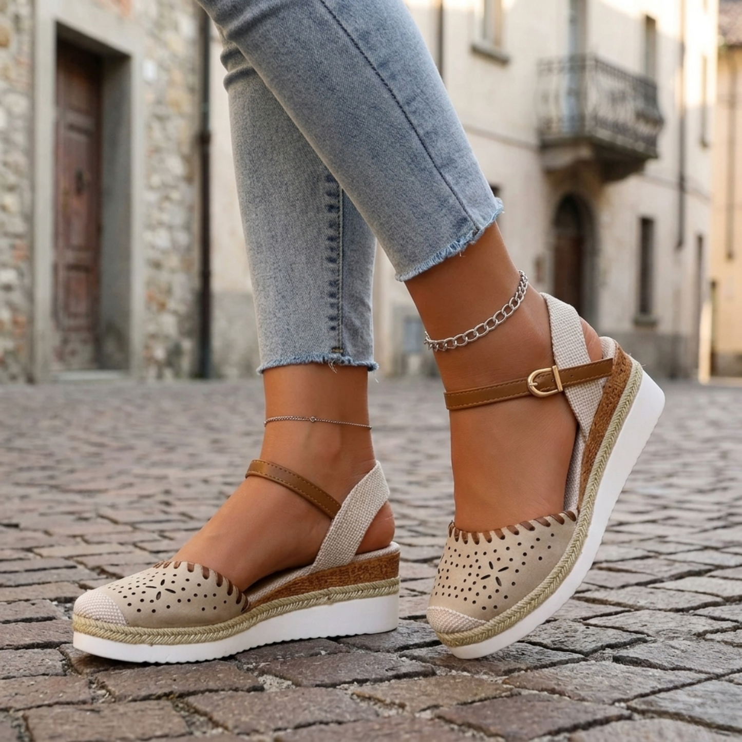 Women's Perforated Synthetic Espadrille Wedge Sandals | Chic Adjustable Ankle Strap Shoes 3