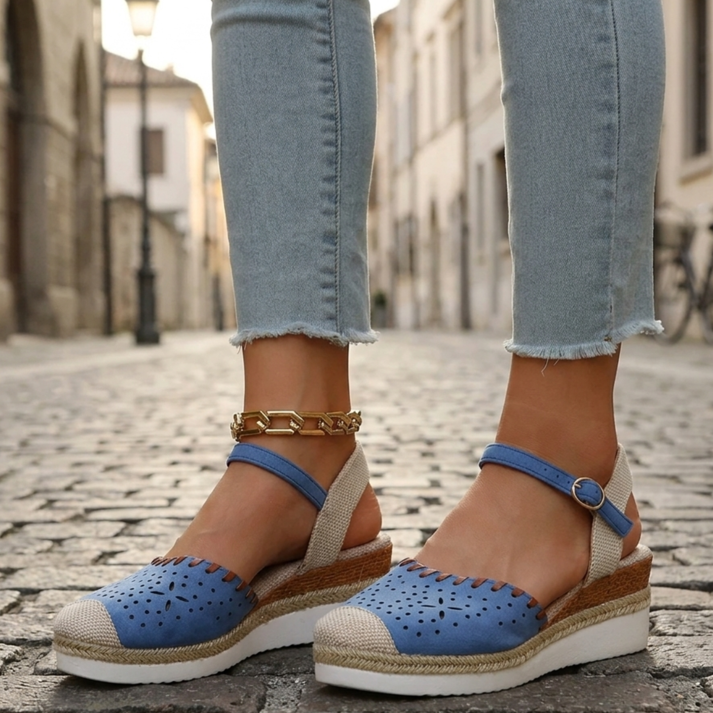 Women's Perforated Synthetic Espadrille Wedge Sandals | Chic Adjustable Ankle Strap Shoes 4