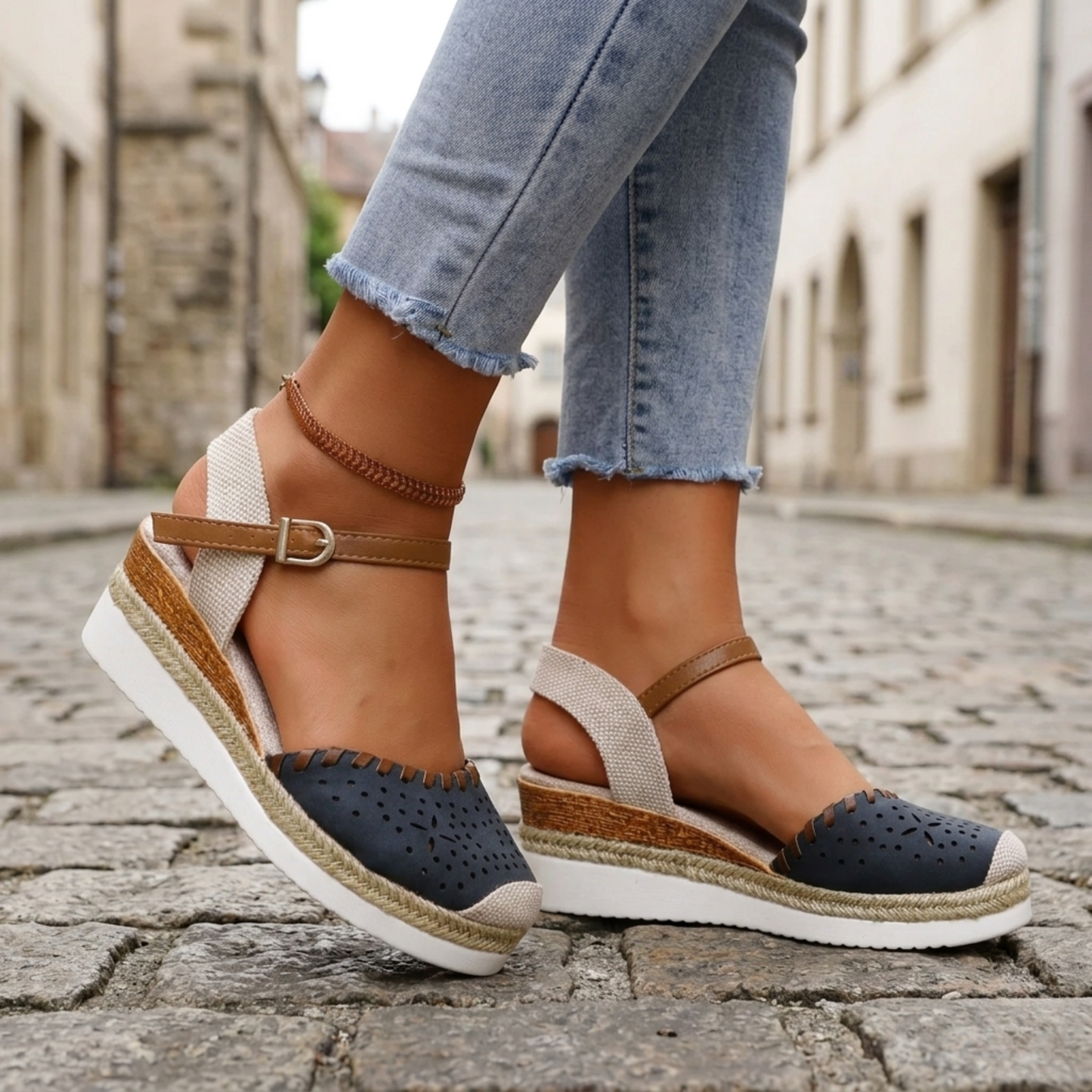 Women's Perforated Synthetic Espadrille Wedge Sandals | Chic Adjustable Ankle Strap Shoes 5