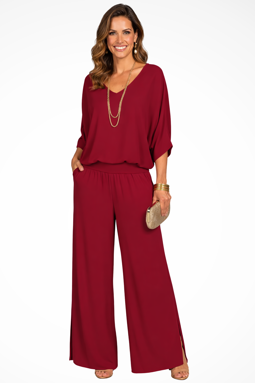 Women's Soft Draped V-Neck Top and Wide-Leg Trousers | Elegant Two-Piece Set 5