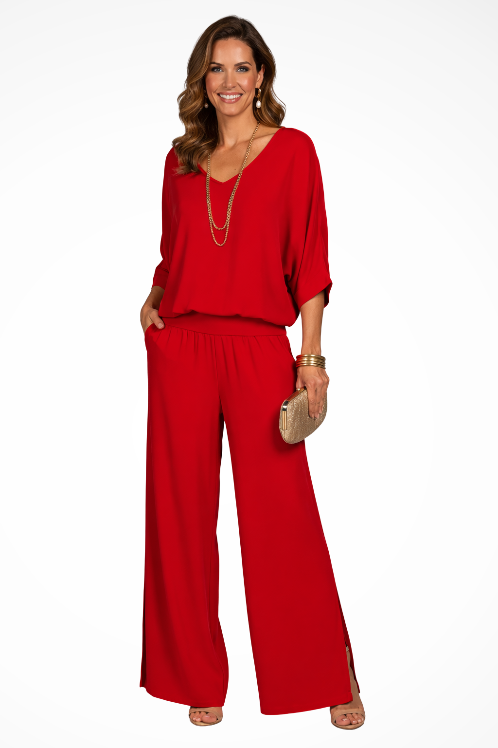 Women's Soft Draped V-Neck Top and Wide-Leg Trousers | Elegant Two-Piece Set 6
