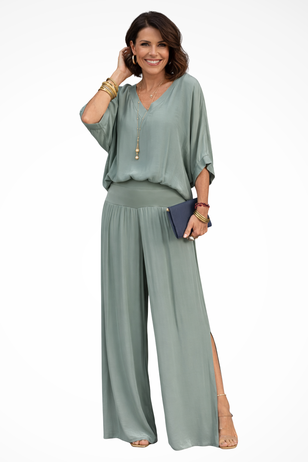 Women's Soft Draped V-Neck Top and Wide-Leg Trousers | Elegant Two-Piece Set 8