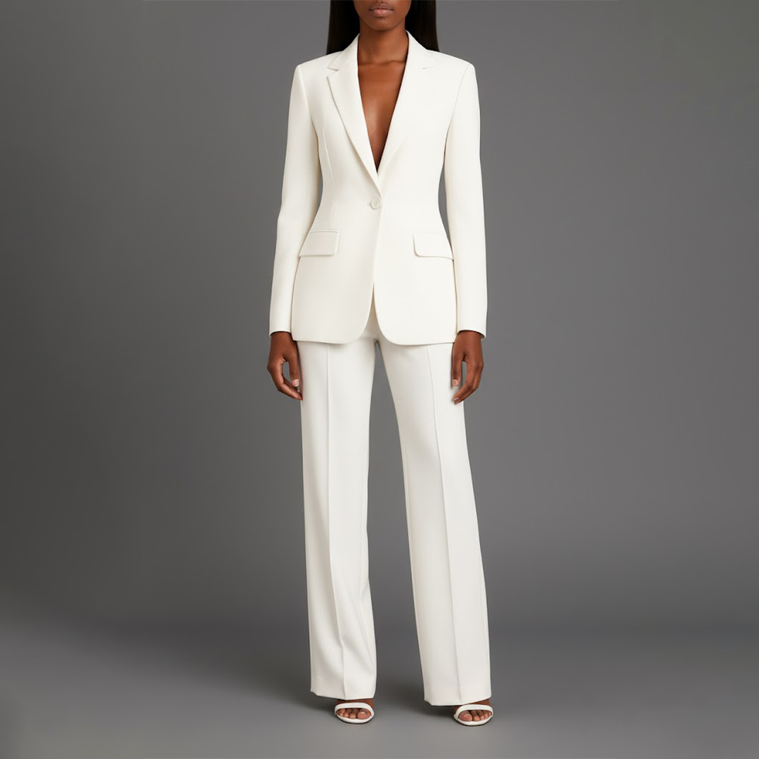 Women's Solid Tailored Blazer and Wide Leg Trousers | Elegant Winter Suit Set 0