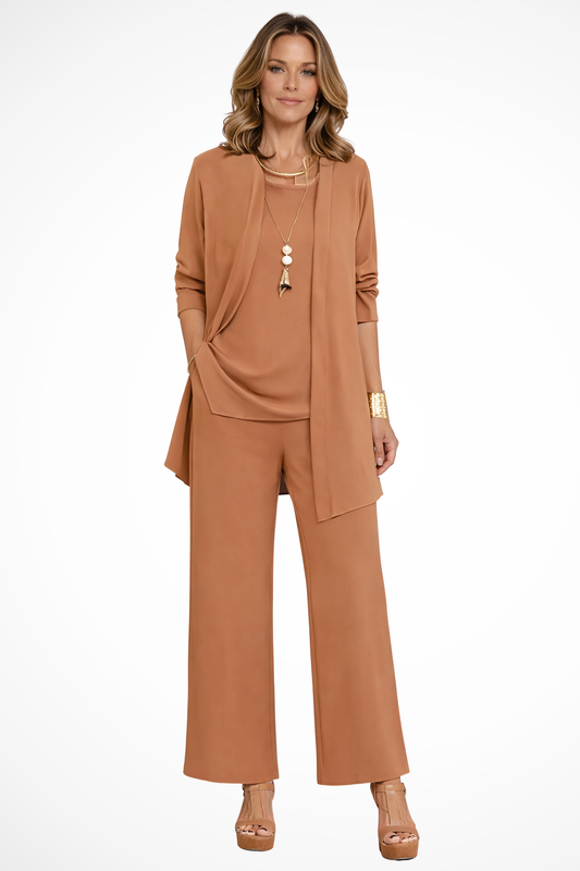 Women's Structured Fabric 3-Piece Set | Elegant Cardigan, Sleeveless Top & Wide-Leg Trousers 0