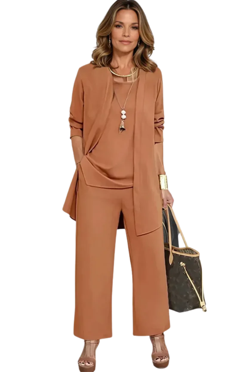 Women's Structured Fabric 3-Piece Set | Elegant Cardigan, Sleeveless Top & Wide-Leg Trousers 1