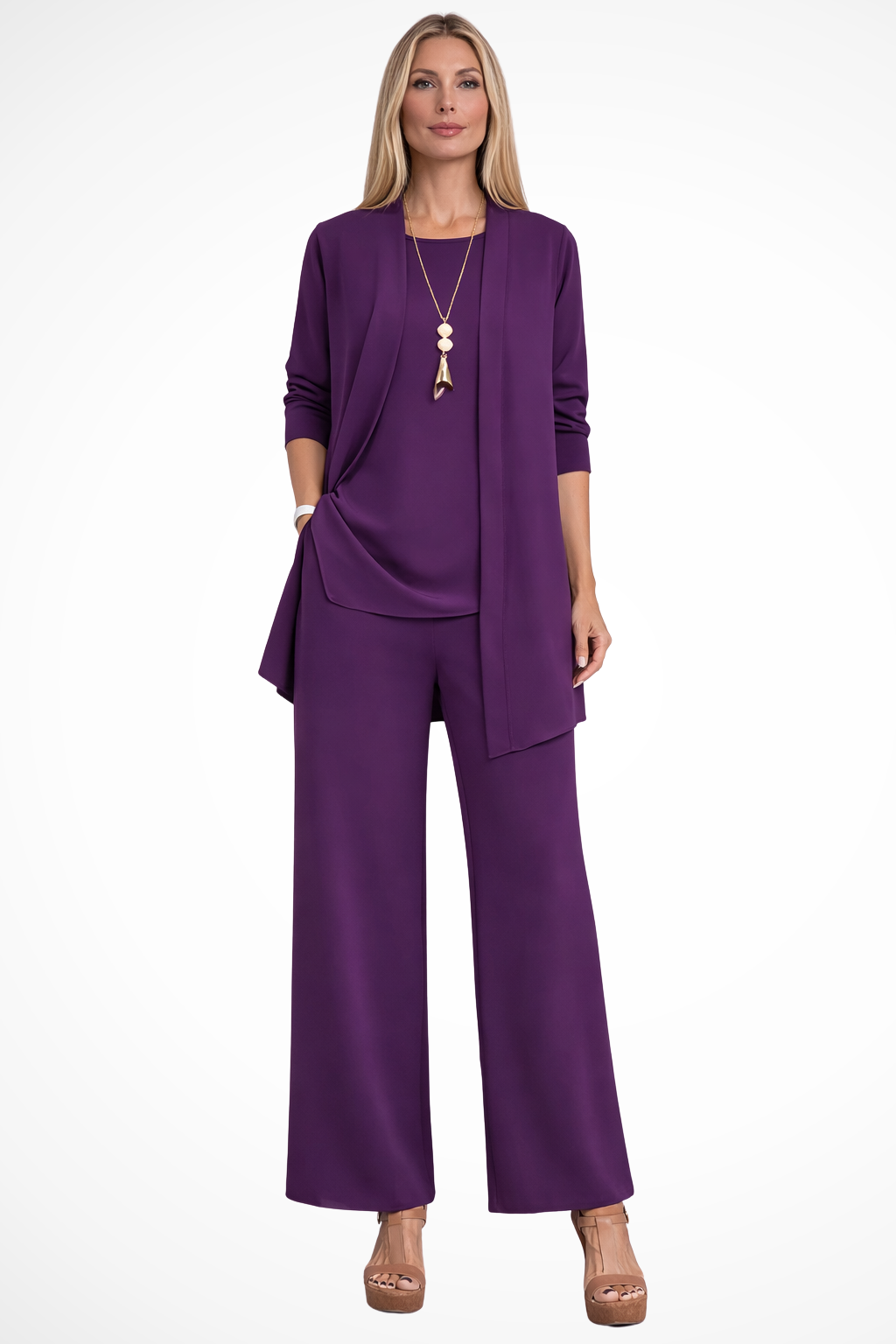 Women's Structured Fabric 3-Piece Set | Elegant Cardigan, Sleeveless Top & Wide-Leg Trousers 10