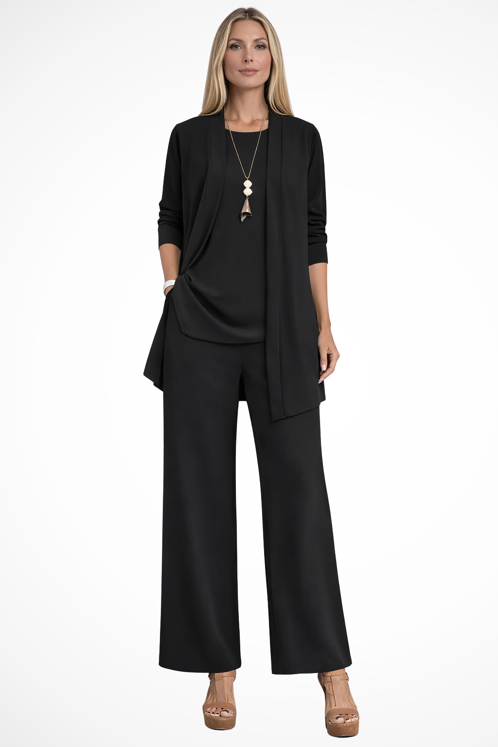 Women's Structured Fabric 3-Piece Set | Elegant Cardigan, Sleeveless Top & Wide-Leg Trousers 2
