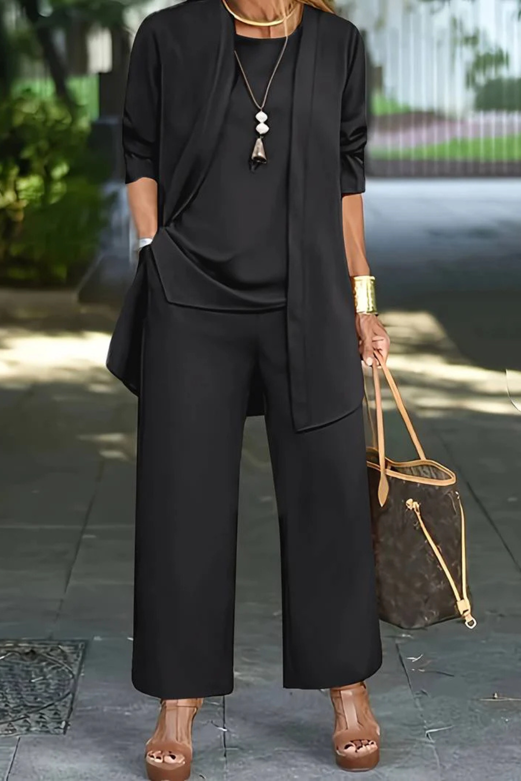 Women's Structured Fabric 3-Piece Set | Elegant Cardigan, Sleeveless Top & Wide-Leg Trousers 3