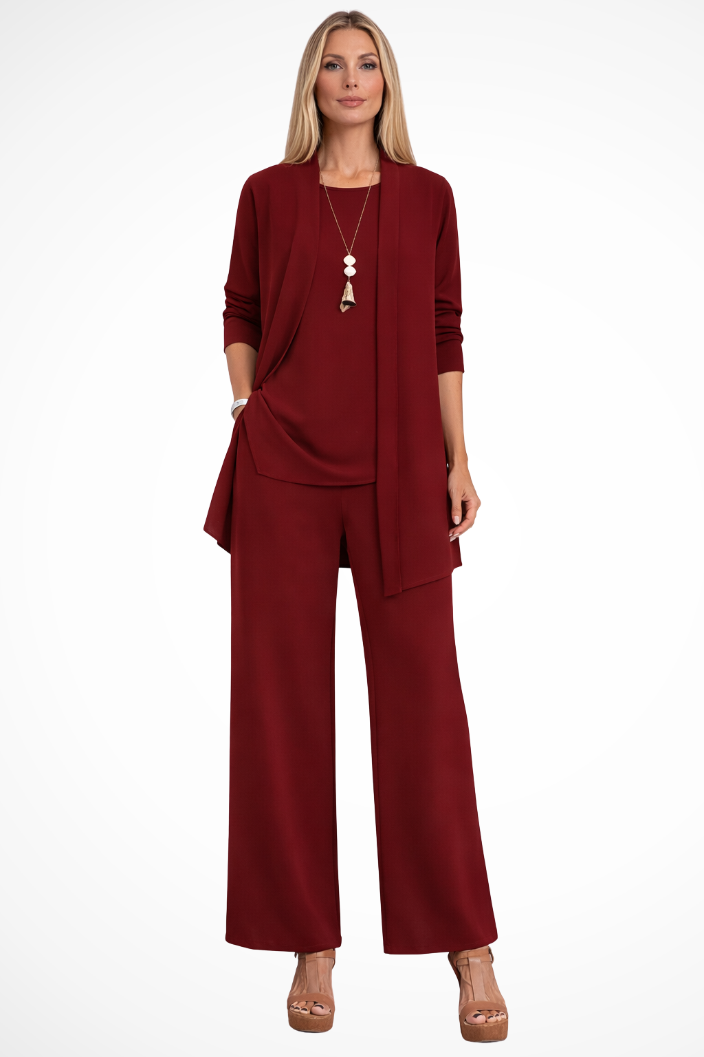 Women's Structured Fabric 3-Piece Set | Elegant Cardigan, Sleeveless Top & Wide-Leg Trousers 4