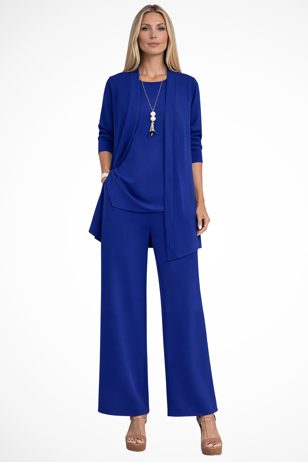 Women's Structured Fabric 3-Piece Set | Elegant Cardigan, Sleeveless Top & Wide-Leg Trousers 6