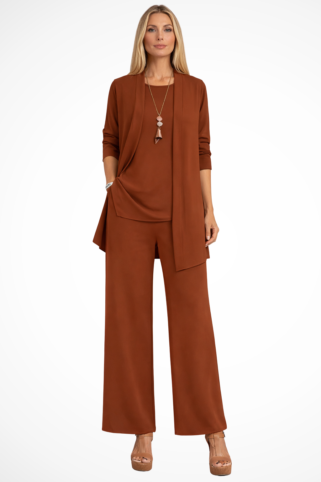 Women's Structured Fabric 3-Piece Set | Elegant Cardigan, Sleeveless Top & Wide-Leg Trousers 8