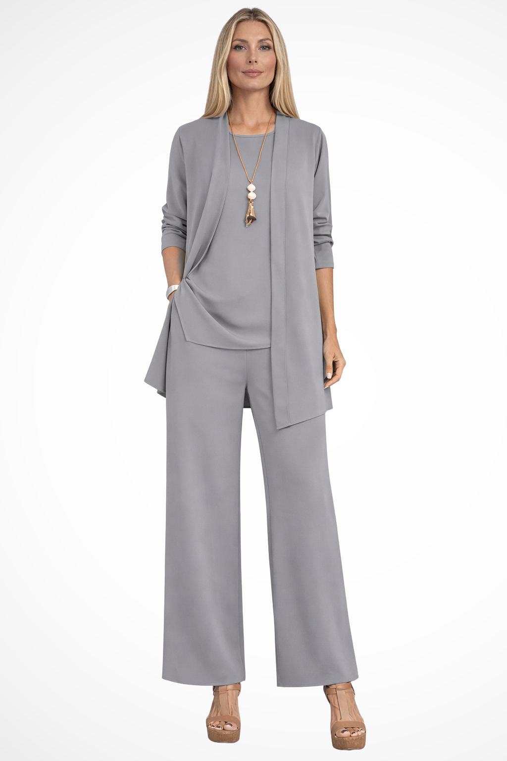 Women's Structured Fabric 3-Piece Set | Elegant Cardigan, Sleeveless Top & Wide-Leg Trousers 9