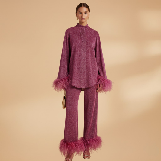 Women's Textured Two-Piece Set | Elegant Button-Front Shirt with Feather Trim and Straight-Leg Trousers 0