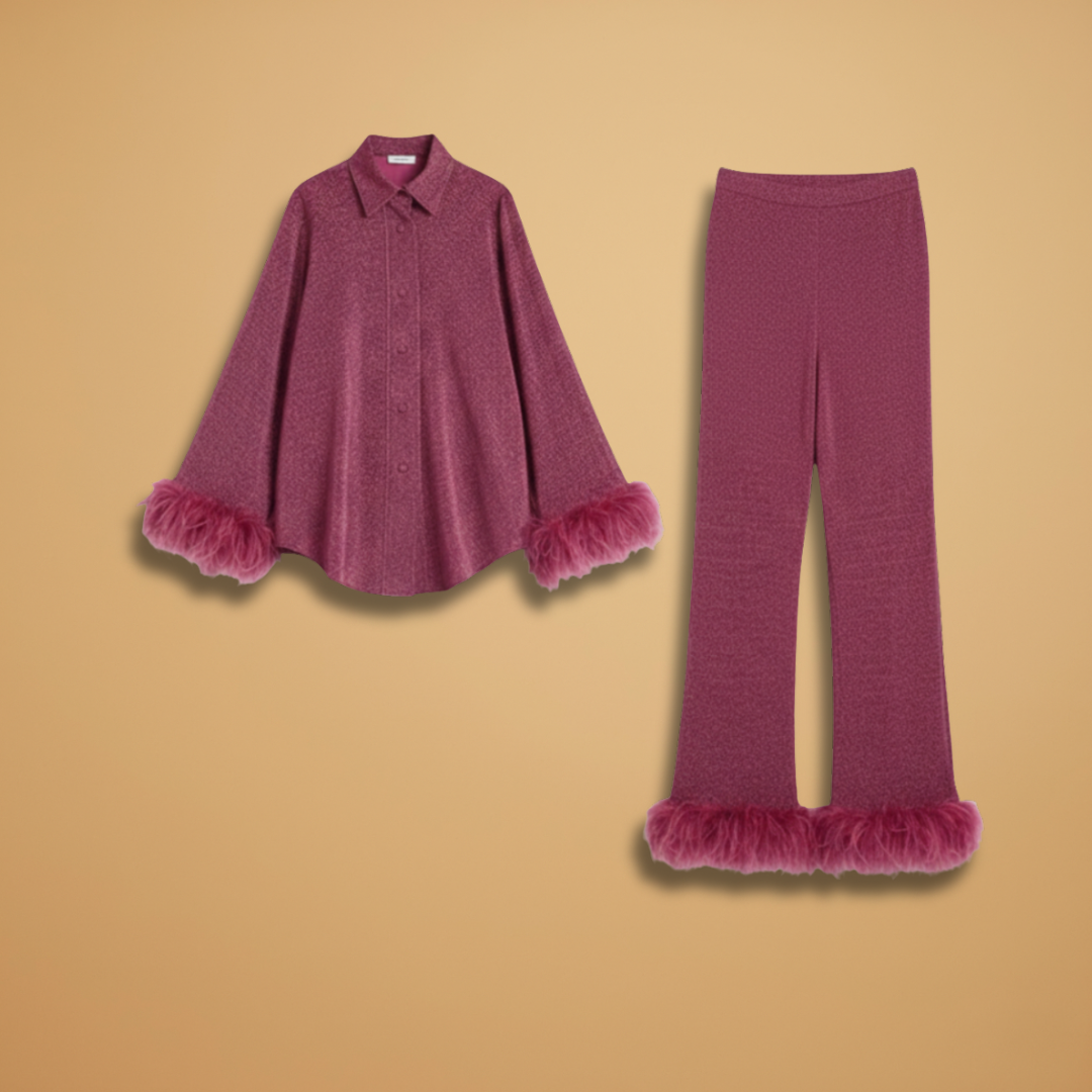 Women's Textured Two-Piece Set | Elegant Button-Front Shirt with Feather Trim and Straight-Leg Trousers 1