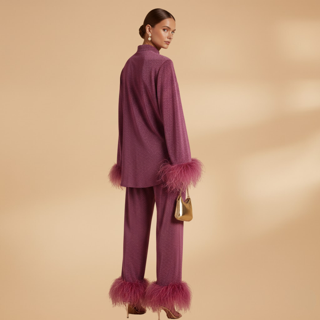 Women's Textured Two-Piece Set | Elegant Button-Front Shirt with Feather Trim and Straight-Leg Trousers 2