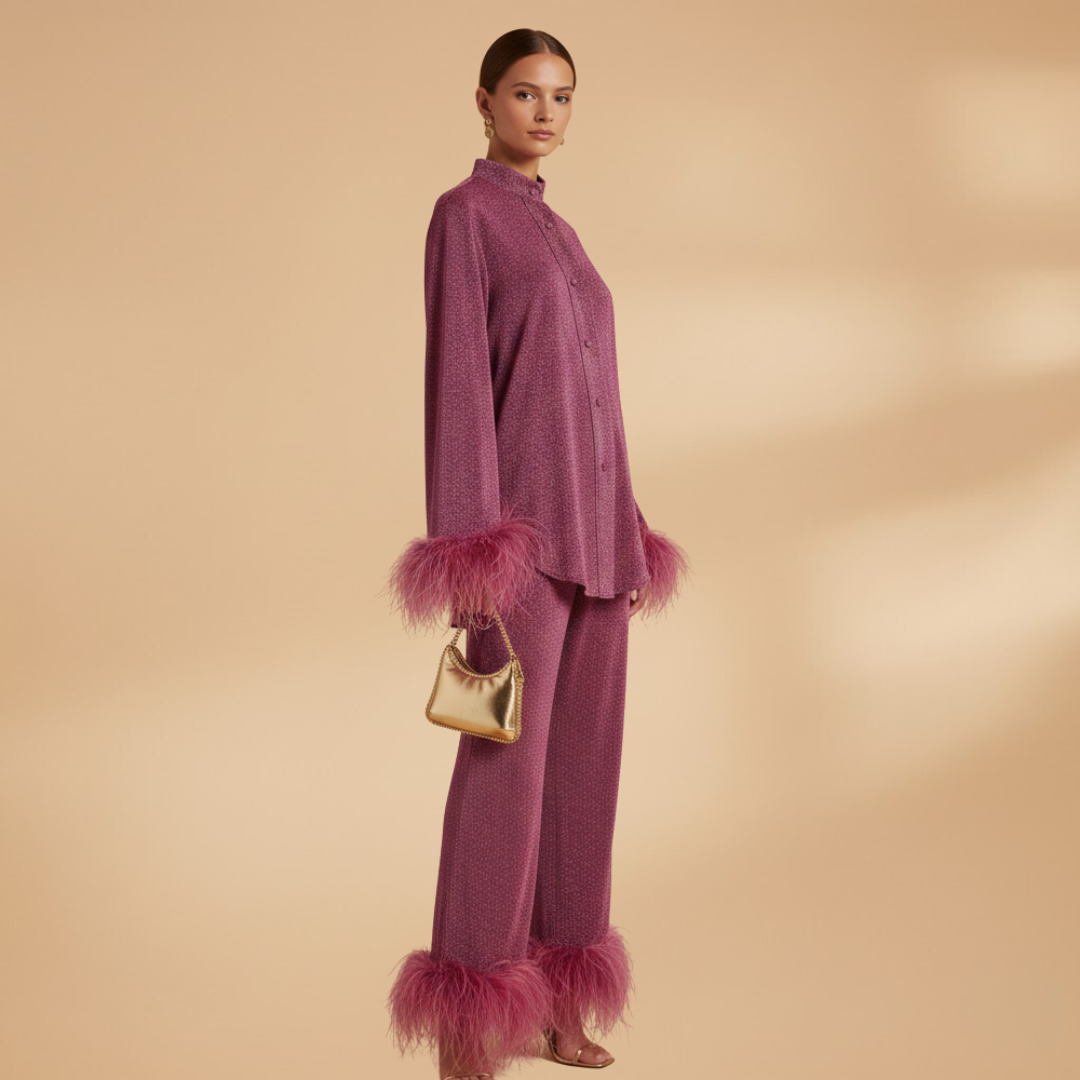 Women's Textured Two-Piece Set | Elegant Button-Front Shirt with Feather Trim and Straight-Leg Trousers 3