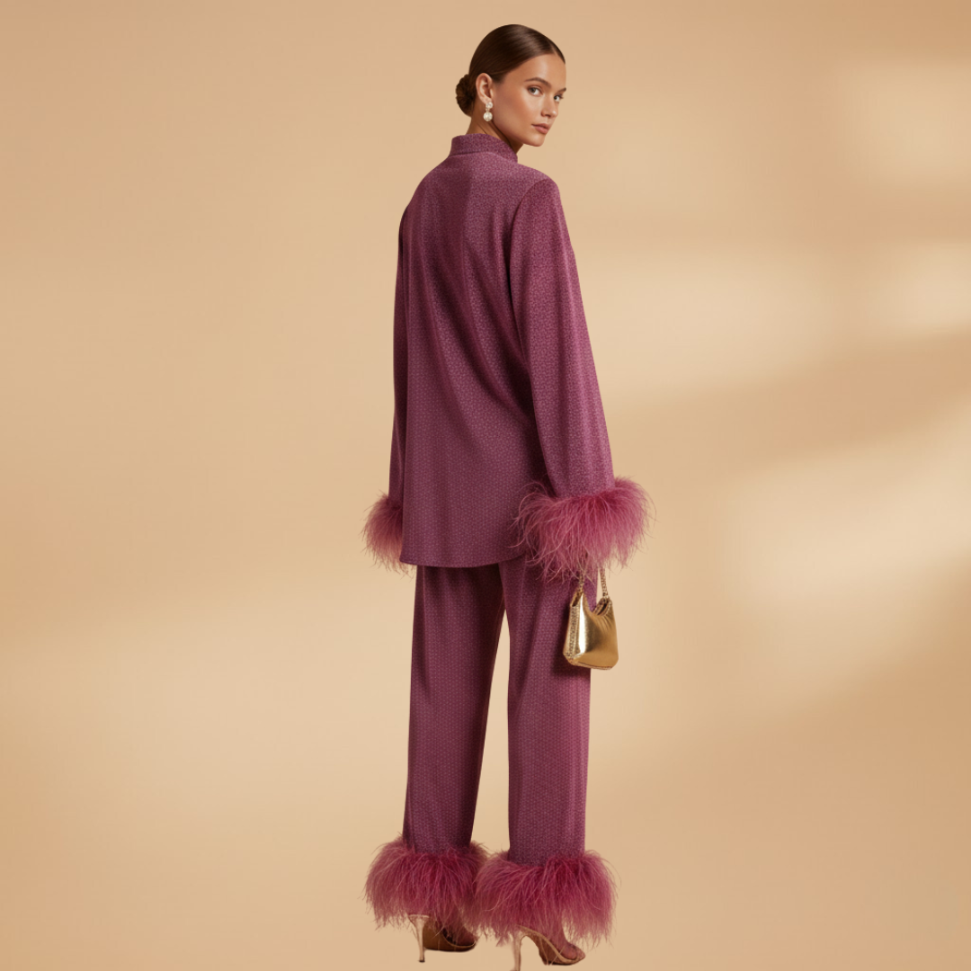 Women's Textured Two-Piece Set | Elegant Button-Front Shirt with Feather Trim and Straight-Leg Trousers 4