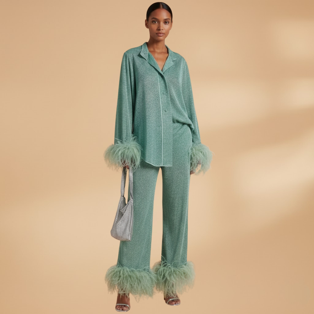 Women's Textured Two-Piece Set | Elegant Button-Front Shirt with Feather Trim and Straight-Leg Trousers 5