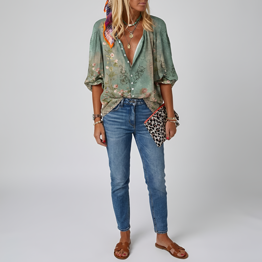 Women's floral blouse with buttons, long sleeve, elegant casual day shirt 0