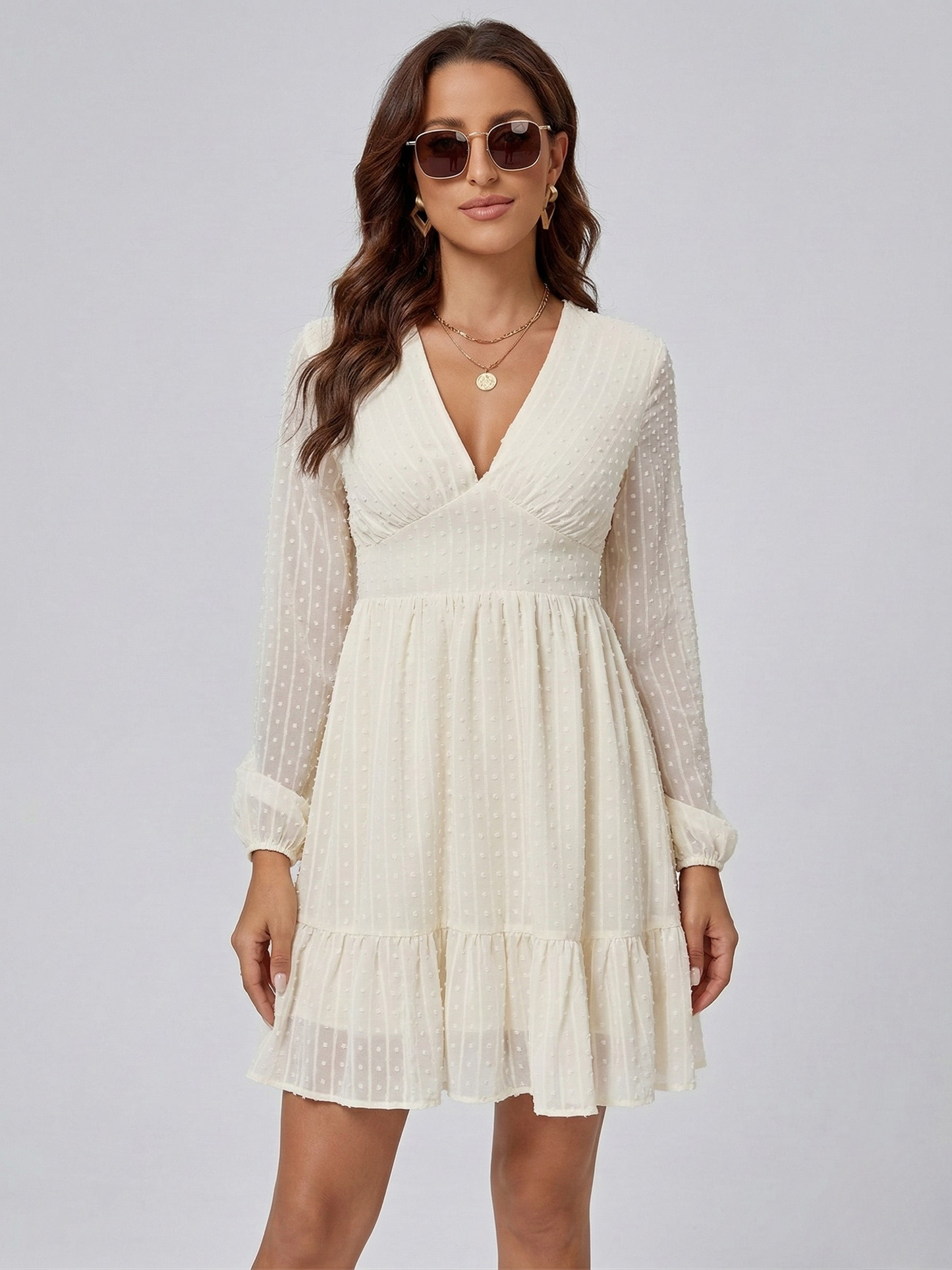 Women's short dress with V-neck, long sleeves, elegant chiffon dress with ruffles 1