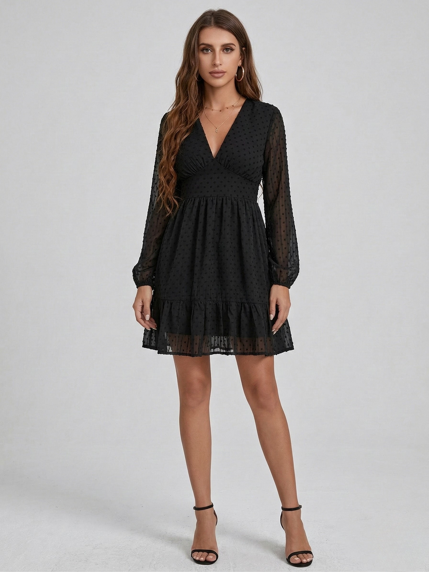 Women's short dress with V-neck, long sleeves, elegant chiffon dress with ruffles 4