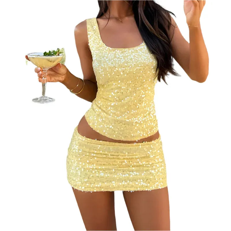 Women Sparkly Sequin Two Piece - Summer Sleeveless Cami Crop Top | Mini Skirt Set