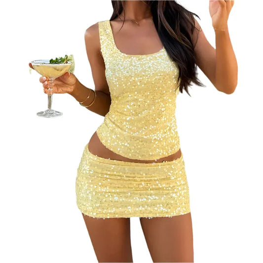 Women Sparkly Sequin Two Piece - Summer Sleeveless Cami Crop Top | Mini Skirt Set