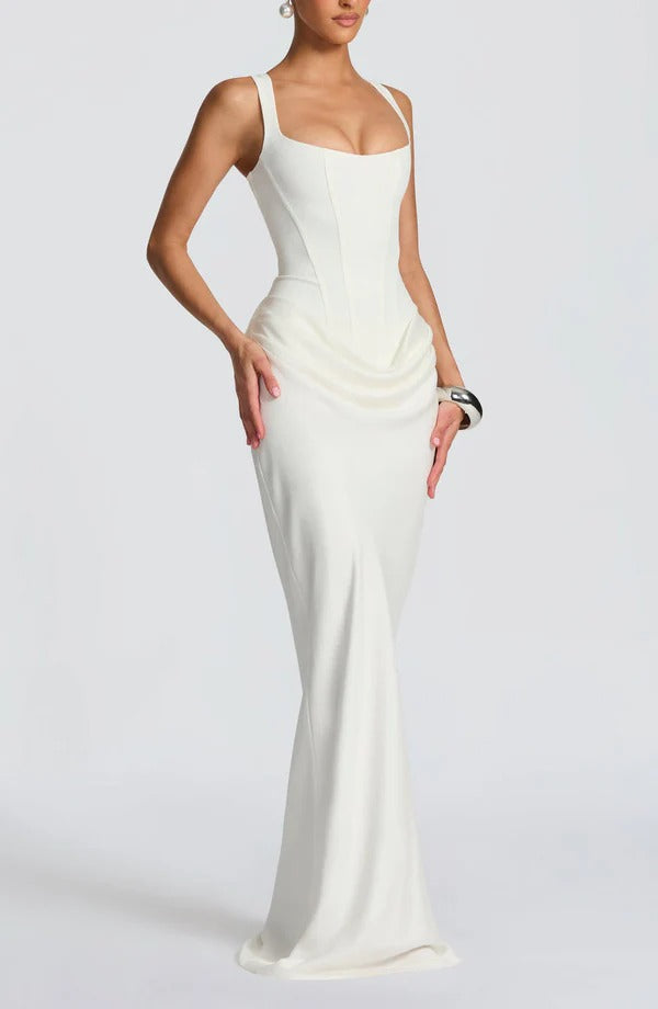 Draped Maxi Gown Figure-Flattering Satin Dress