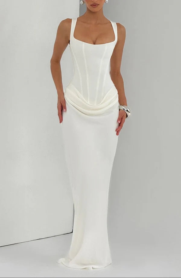Draped Maxi Gown Figure-Flattering Satin Dress