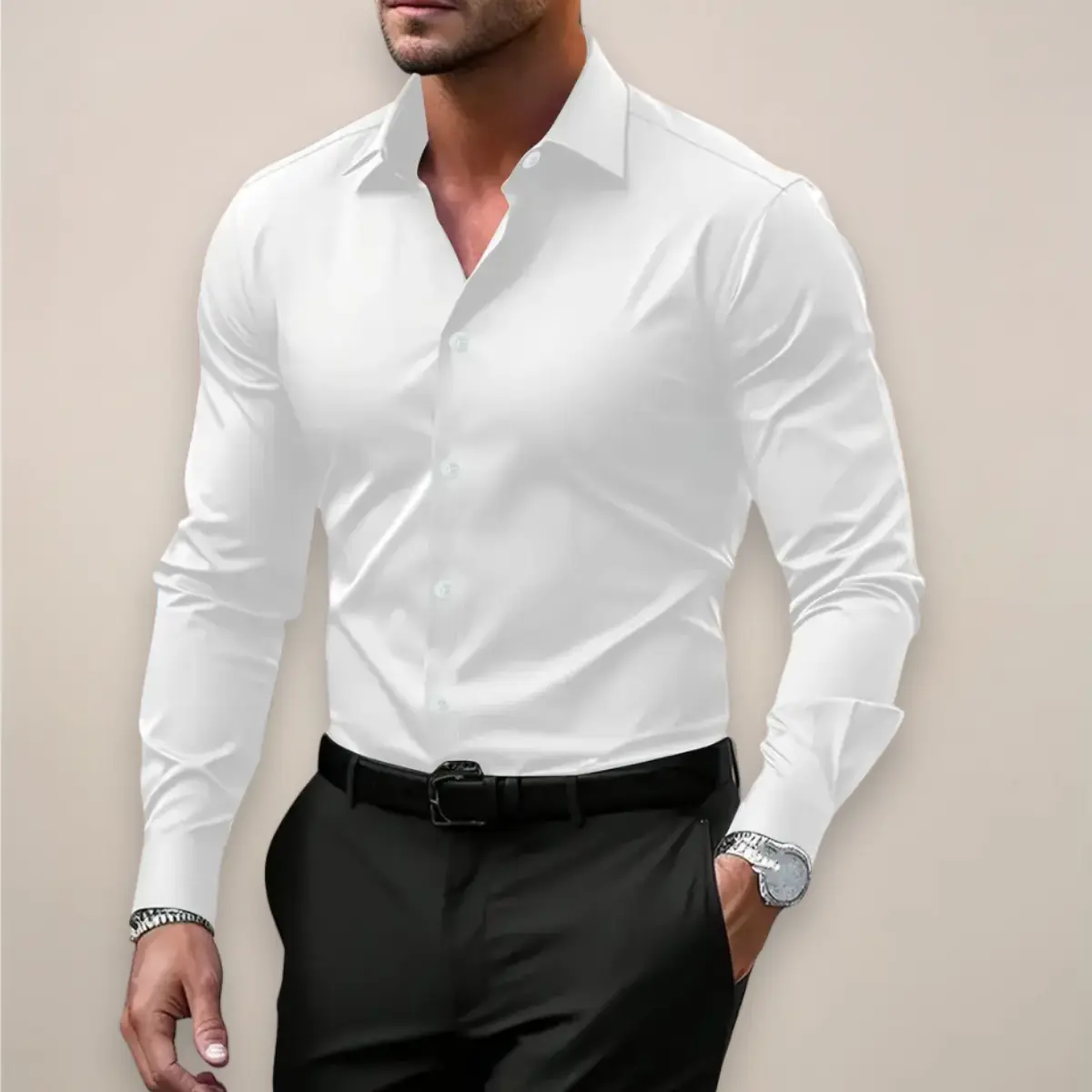 Men’s Long-Sleeve Shirt – Classic Notched Collar, Versatile Smart Style