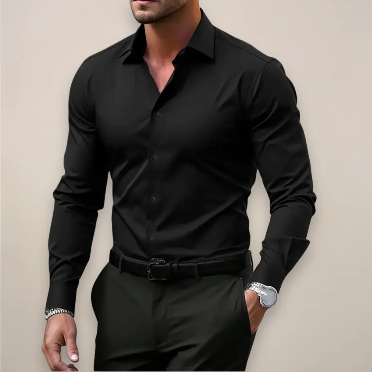 Men’s Long-Sleeve Shirt – Classic Notched Collar, Versatile Smart Style