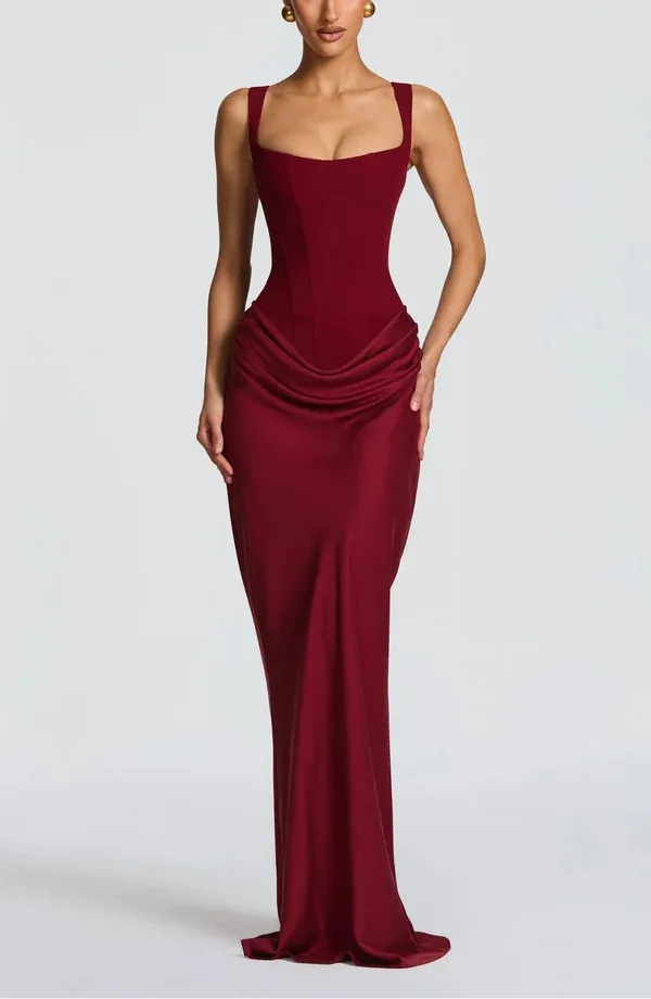 Draped Maxi Gown Figure-Flattering Satin Dress