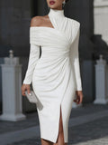 Asymmetric Draped High-Neck One-Shoulder Evening Dress