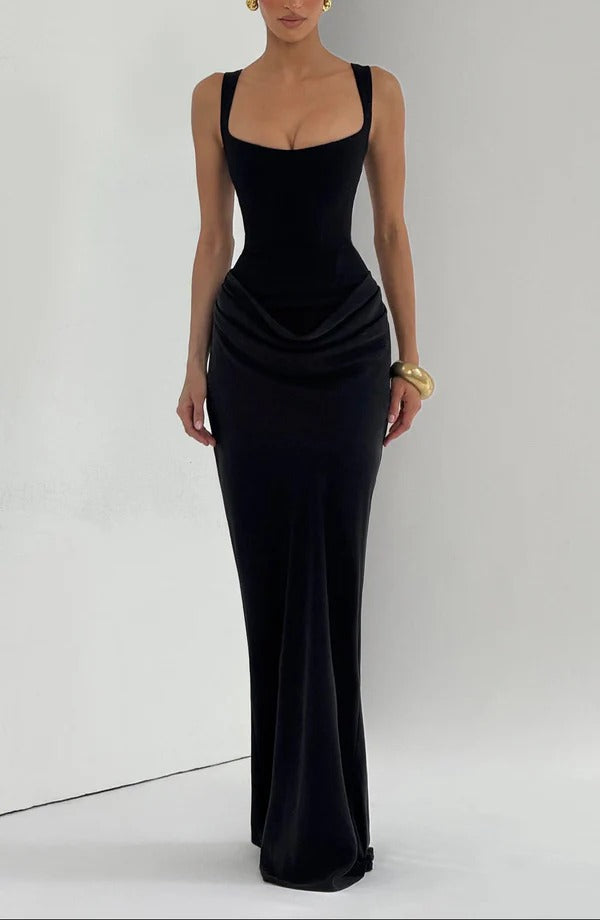 Draped Maxi Gown Figure-Flattering Satin Dress