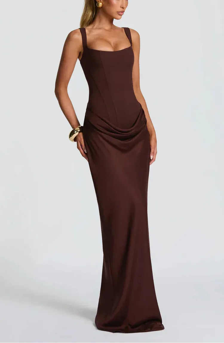 Draped Maxi Gown Figure-Flattering Satin Dress
